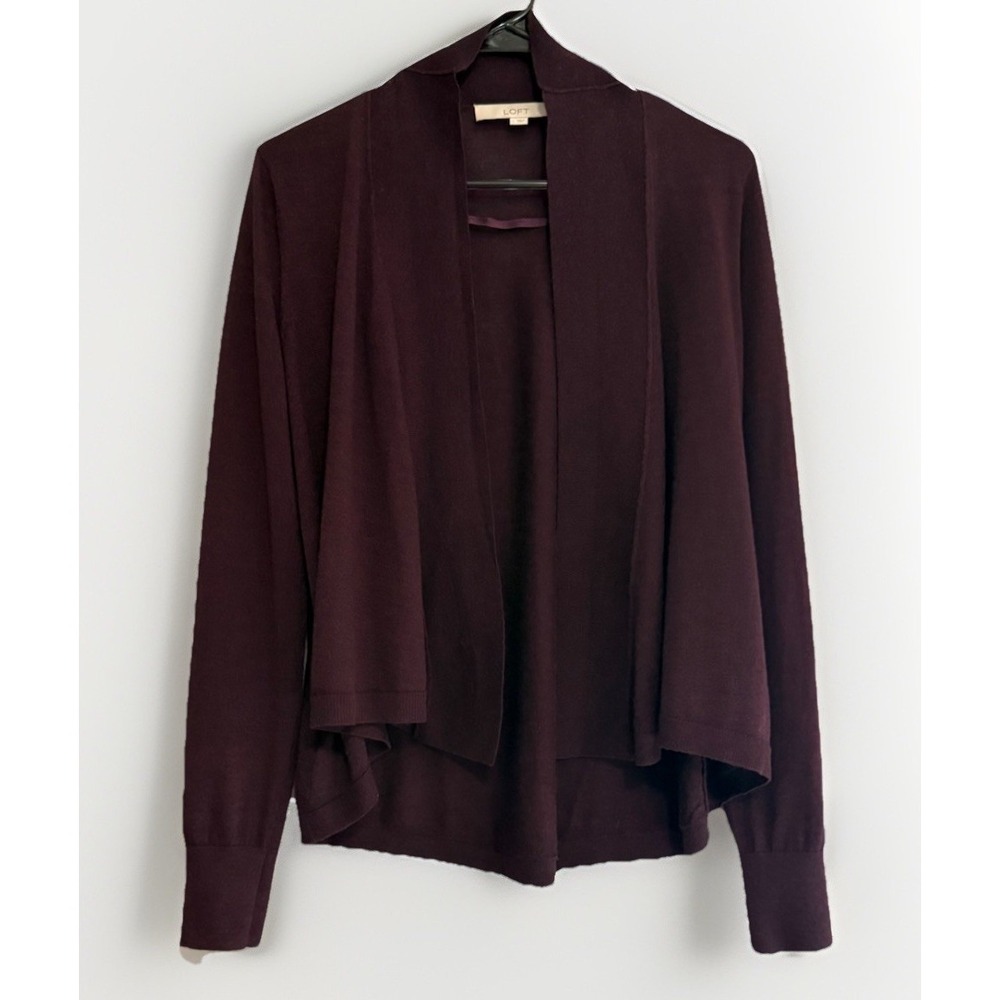 Loft Lightweight Wool Blend Cardigan Sweater Large Open Front Plum Purple Office